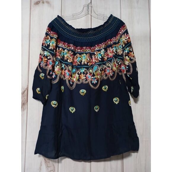 Ladies Large Boho Embroidered Off Shoulder Peasant Tunic Top Blouse - Picture 1 of 7